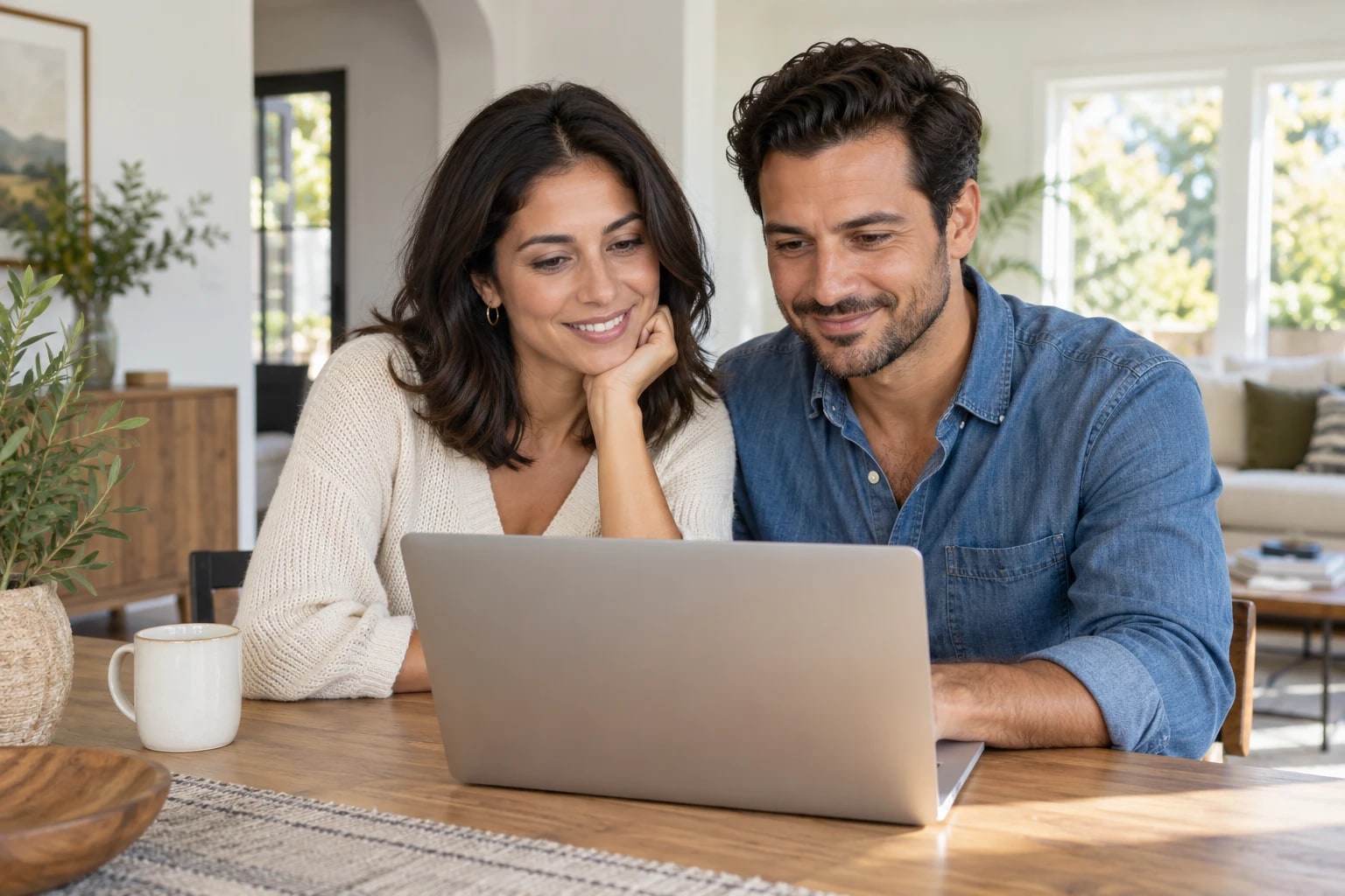 A couple sharing a smile as they explore home financing options on a laptop